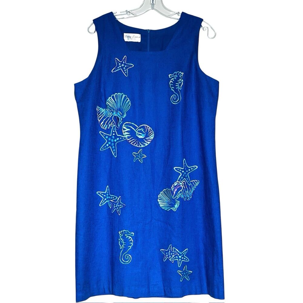 VINTAGE BETSEY LAUREN BLUE EMBROIDERED SHELLS SEAHORSE LINEN DRESS PETITES L